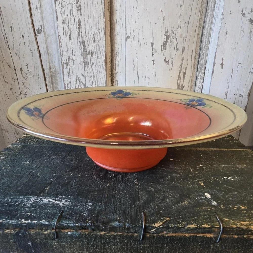 Lancaster Stretch Glass Ruby Lustre‎ Orange Blue Flowers Bowl Compote